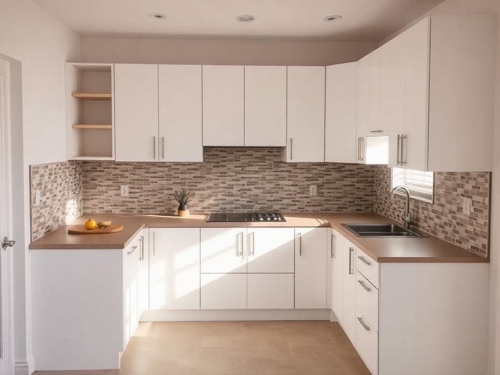Cozinha moderna reformada com armários brancos e revestimento