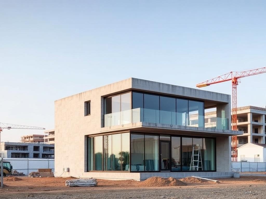 Edifício comercial moderno em construção com grandes vidraças